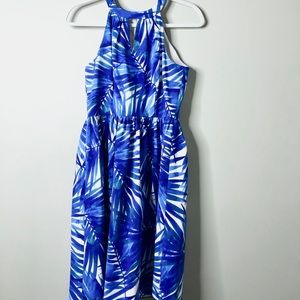 London Times 2 Dress Blue Cocktail Palm Leaves